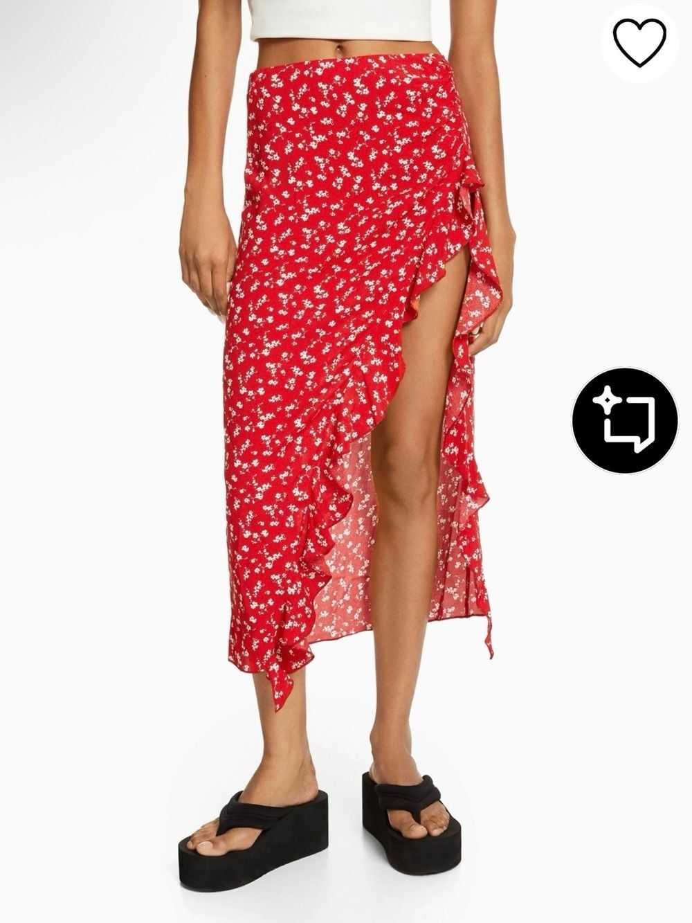 Bershka Red Floral Ruffle Wrap Midi Skirt - Women Beach Size S